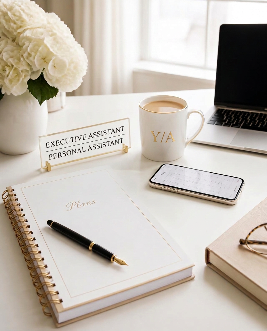 Mesa de trabalho de assistente executiva com agenda, caneta e calendário no celular